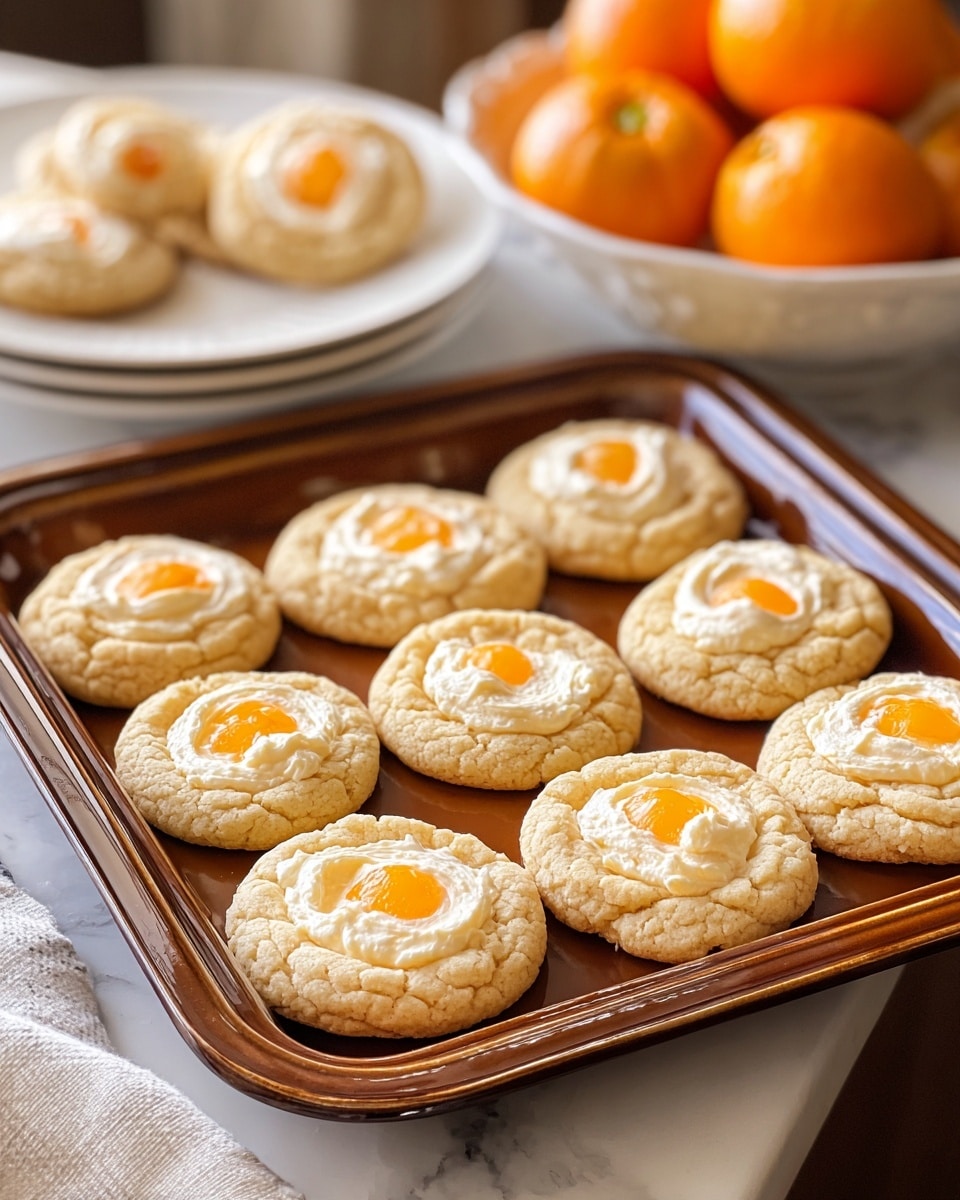 The image shows a tray with nine round cookies laid out in three rows and three columns. Each cookie has two layers: a soft, light golden-brown base with a slightly cracked texture, and a creamy white topping in the center that looks smooth and thick, with a small bright orange dollop in the middle of the topping. The tray is brown with a glossy finish and rests on a white marbled surface. In the background, there is a white plate holding more cookies, slightly out of focus, and a white bowl filled with bright orange tangerines. A white cloth is partially visible on the surface near the tray. Photo taken with an iphone --ar 4:5 --v 7