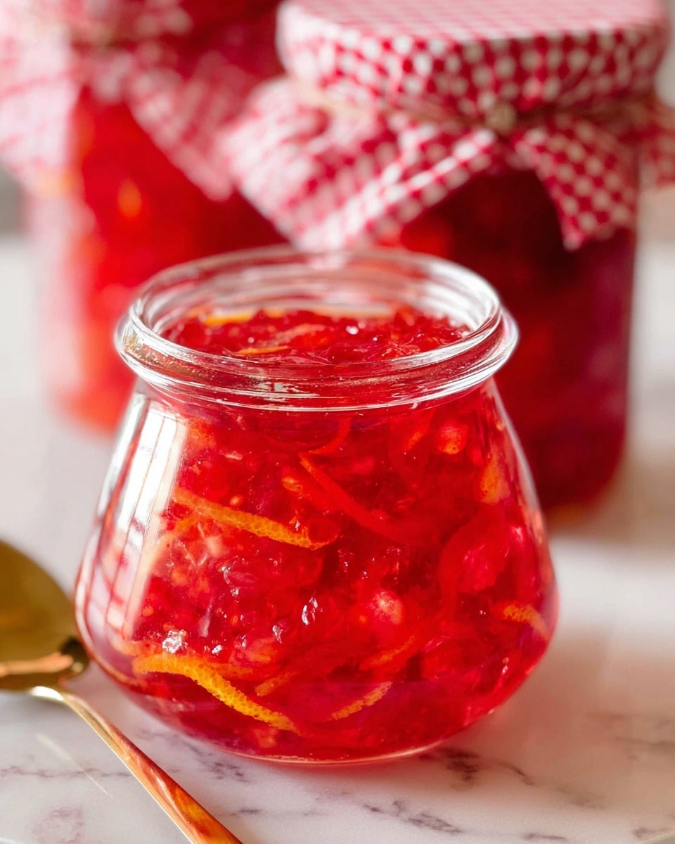 A clear glass jar filled with a bright red jam that has visible pieces of fruit and thin orange peel strips inside. The jam layers appear thick and chunky with a shiny, gel-like texture. The jar has a wide mouth and is placed on a white marbled surface, with a golden spoon lying nearby. In the background, a taller glass jar of the same jam is decorated with a red and white checkered ribbon tied around its neck. The lighting brings out the rich red and orange colors of the jam vividly. photo taken with an iphone --ar 4:5 --v 7