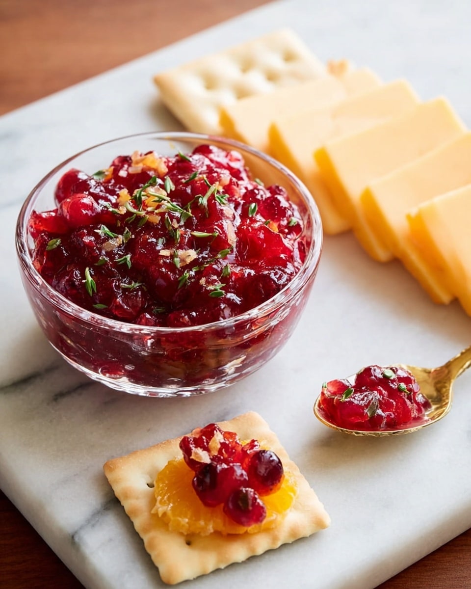 A small clear glass bowl filled with bright red cranberry sauce with visible chunks of cranberry and orange peel, sprinkled lightly with green herbs, sits on a white marbled surface. To the left of the bowl, there are five rectangular pale beige crackers stacked slightly overlapping, and to the right, a stack of pale yellow cheese slices arranged in a fan shape. In the foreground, a pale beige cracker is topped with a slice of the same yellow cheese, then a spoonful of the glossy cranberry sauce with orange bits and herbs on top. A gold spoon with some cranberry sauce rests to the right of the cheese on the white marbled surface. Photo taken with an iphone --ar 4:5 --v 7