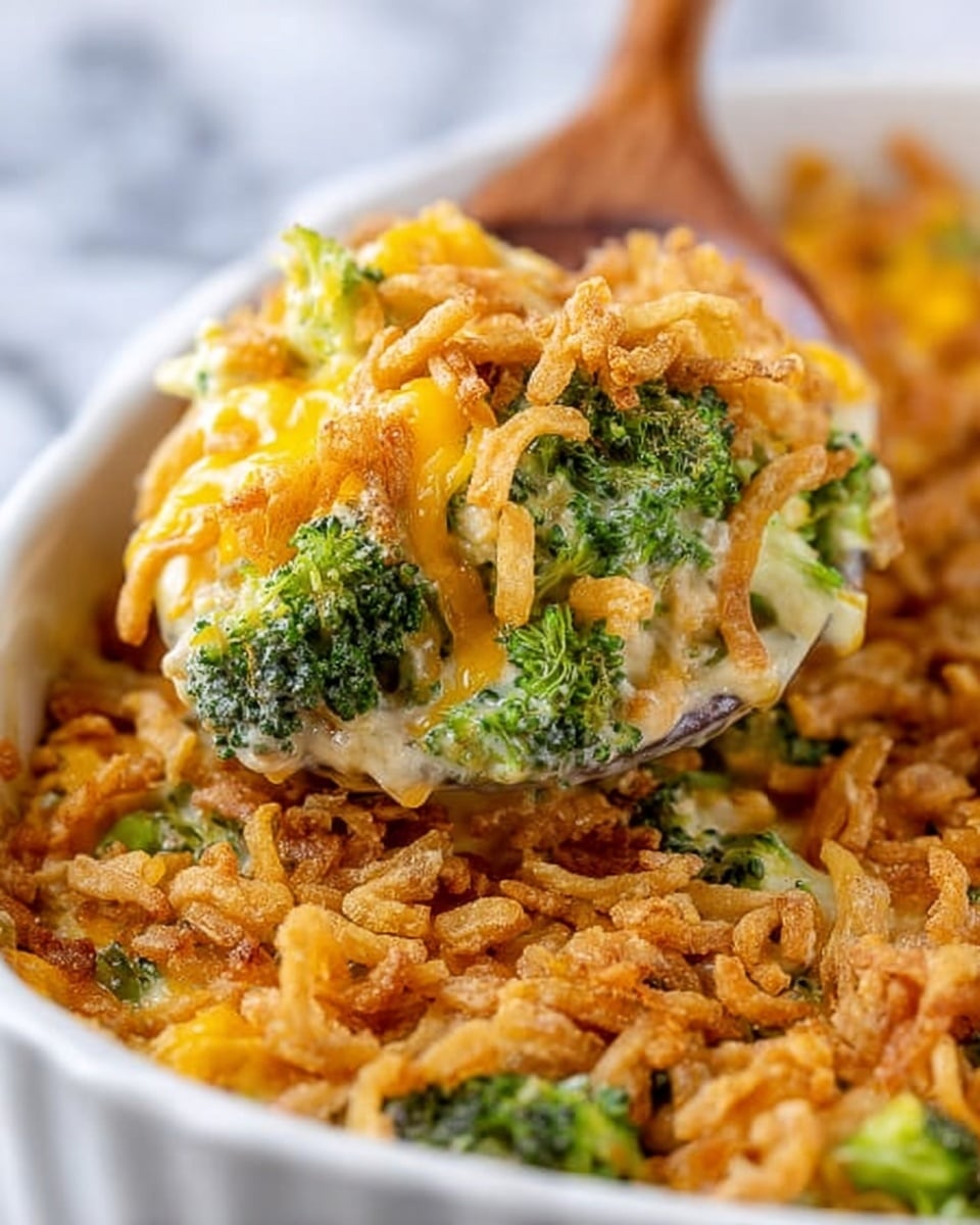 A close-up of a wooden spoon lifting a scoop of cheesy broccoli casserole, showing three clear layers: bright green broccoli florets at the bottom, a thick, creamy light orange cheese sauce in the middle, and a crunchy layer of golden-brown fried onions on top; the background has a white marbled texture with more casserole blurred, highlighting the gooey, textured mix. photo taken with an iphone --ar 4:5 --v 7