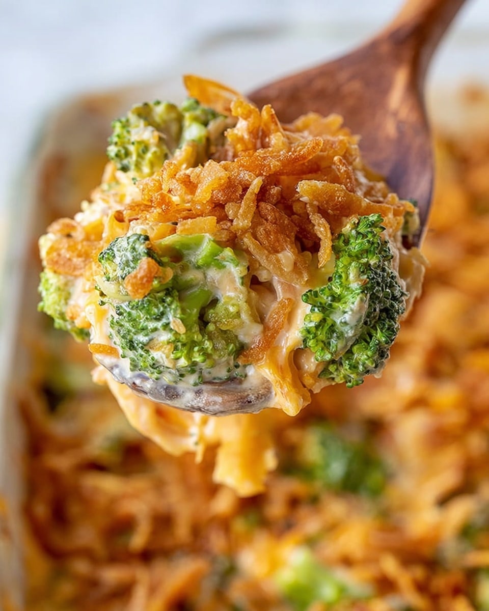 A close-up view of a white ceramic dish filled with a layered broccoli casserole. The base layer consists of fresh green broccoli florets, mixed with a creamy cheesy sauce in light beige. Above this, there are bright yellow melted cheese pieces scattered evenly. The top layer shows crispy golden-brown fried onion strings spread across the surface, adding a crunchy texture. A wooden spoon lifts a creamy serving from the dish, showing all layers combined. The dish is set against a white marbled background. Photo taken with an iphone --ar 4:5 --v 7