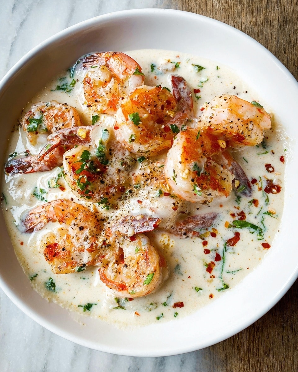 A white bowl filled with around seven large cooked shrimp scattered across the bottom, each shrimp showing a bright orange-pink color with slight char marks and black pepper speckles. The shrimp are covered with a creamy white sauce that has a slightly speckled texture with bits of finely chopped green herbs and red chili flakes sprinkled on top. The sauce pools around the shrimp, creating a smooth layer at the base of the bowl, with the shrimp partially immersed but still visibly plump and juicy. The bowl sits on a white marbled surface. photo taken with an iphone --ar 4:5 --v 7