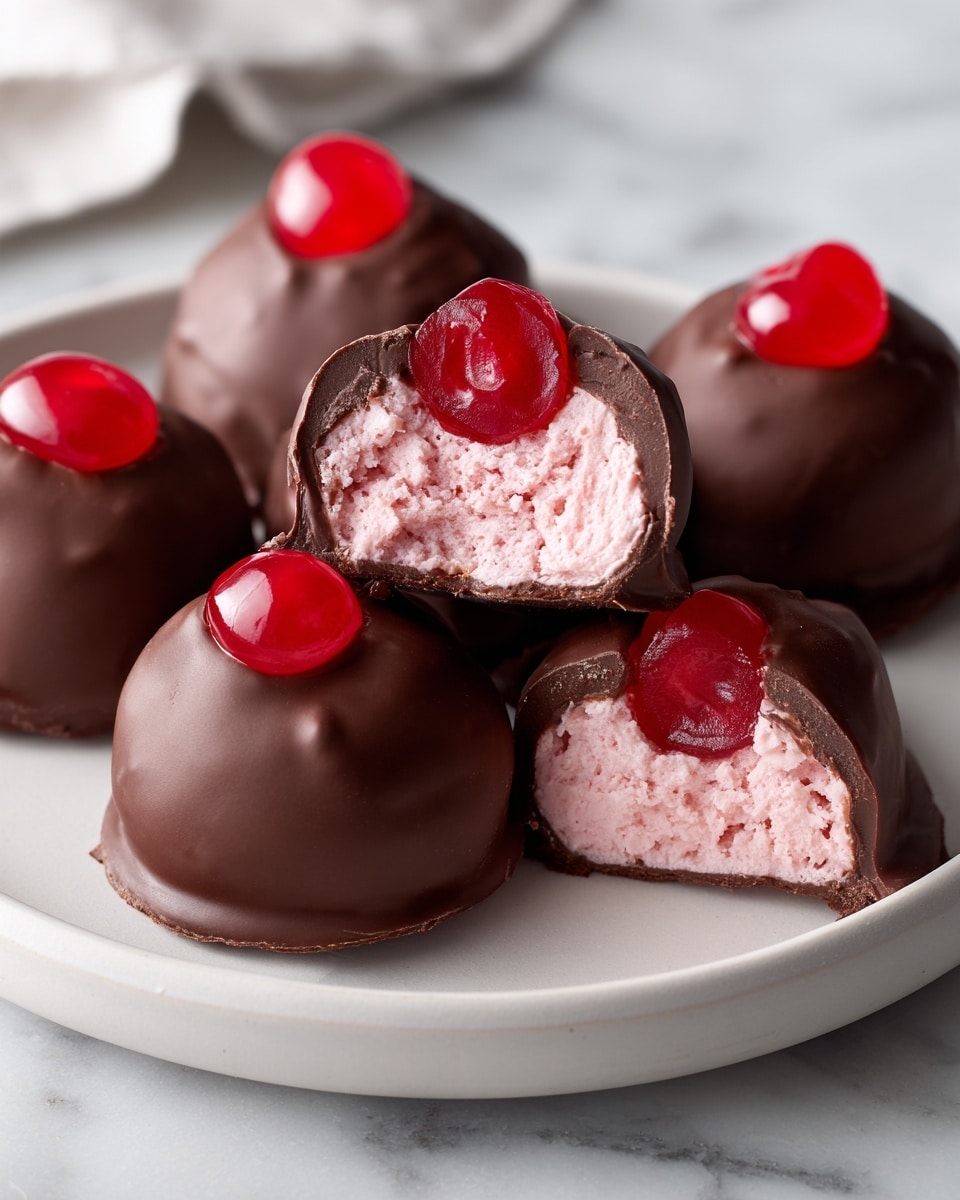 The image shows several round chocolate-covered treats placed on a white plate set on a white marbled surface. Each treat has a smooth, shiny dark brown chocolate coating as the outer layer. On top of each treat, there is a bright, glossy red cherry. One treat is broken open to reveal the inside, which has two layers: the thick outer chocolate shell and a soft, fluffy light pink filling that looks creamy and textured. The close-up view highlights the contrast between the dark chocolate shell and the vibrant pink center, with the red cherry adding a glossy pop of color. Photo taken with an iphone --ar 4:5 --v 7