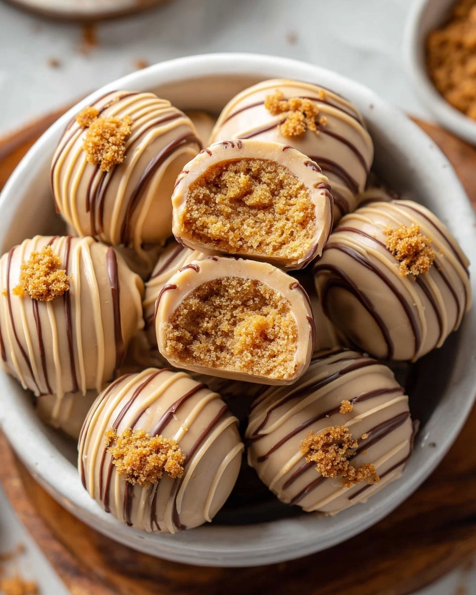 A white bowl holds several round truffles coated in smooth, light brown chocolate with delicate darker brown drizzle lines circling each one; one truffle is cut in half and placed on top, revealing a textured, moist, golden brown filling inside. Some small brown crumb bits are sprinkled gently on the truffles and bowl edges. The bowl is set on a wooden tray against a white marbled textured surface. photo taken with an iphone --ar 4:5 --v 7