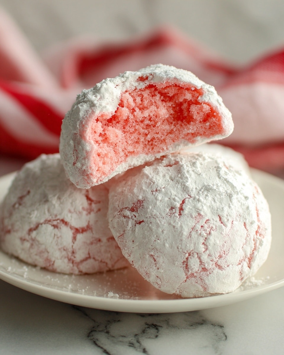 The image shows a close-up of soft cookies with two layers: a bright pink, moist, smooth-textured inside and an outer layer coated in white powdered sugar that looks rough and slightly cracked. One cookie is whole and round, while another is cut in half and placed on top of the whole cookie, exposing the pink inside. The cookies rest on a white plate set on a white marbled surface, with a blurred red and white cloth in the background. Photo taken with an iphone --ar 4:5 --v 7