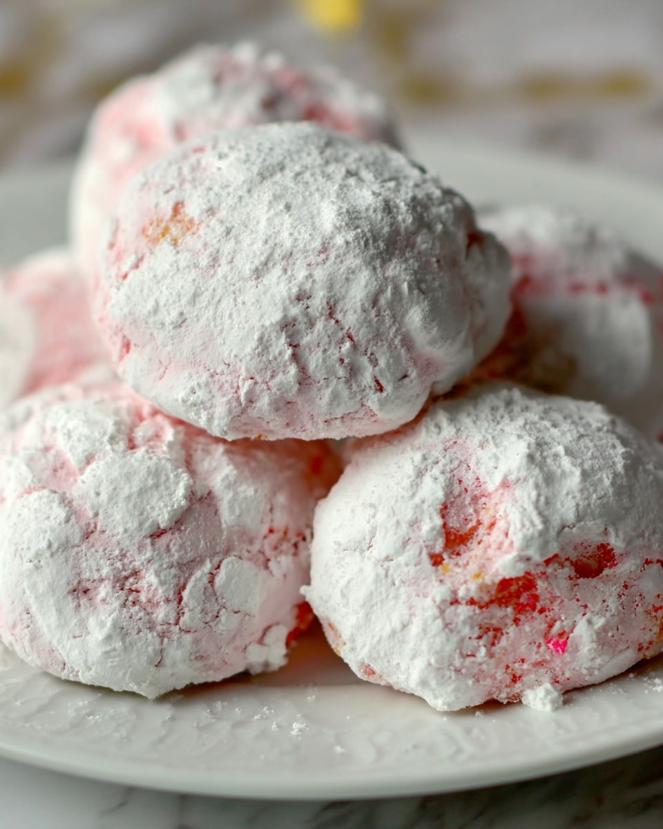 A close-up of several round, fluffy cookies piled on top of each other on a white plate, each cookie having a rough, powdery white outer layer with patches of soft pink peeking through beneath the powdered sugar coating, giving a textured appearance. The cookies have uneven surfaces with a mix of smooth and crumbled powdery areas. The background is softly blurred with a white marbled texture beneath the plate, highlighting the cookies as the main focus. photo taken with an iphone --ar 4:5 --v 7