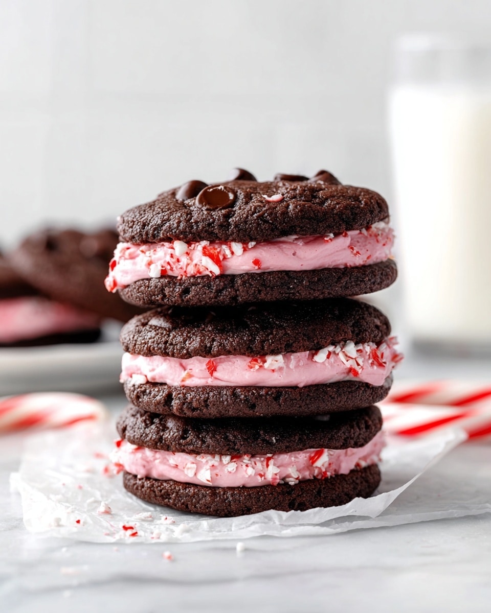A stack of three dark chocolate cookies with a soft, rich texture, each sandwiching a thick layer of pink cream mixed with small red and white peppermint bits, giving a slightly crunchy look. The cookies have chocolate chips on top and are resting on white parchment paper against a white marbled background. A glass of milk and a peppermint candy cane are blurred in the background. Photo taken with an iphone --ar 4:5 --v 7