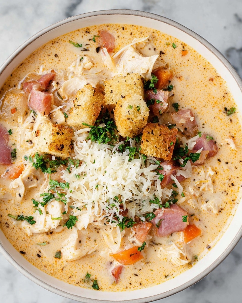 A close-up of a creamy soup in a white bowl with black patterns, filled with chunks of pink ham, white shredded chicken, and bits of orange carrot, all immersed in a light yellow creamy broth with green herb specks. On top, there are three square golden-brown croutons arranged near shredded white cheese that is slightly melted and scattered around. The bowl is placed on a white marbled surface. photo taken with an iphone --ar 4:5 --v 7