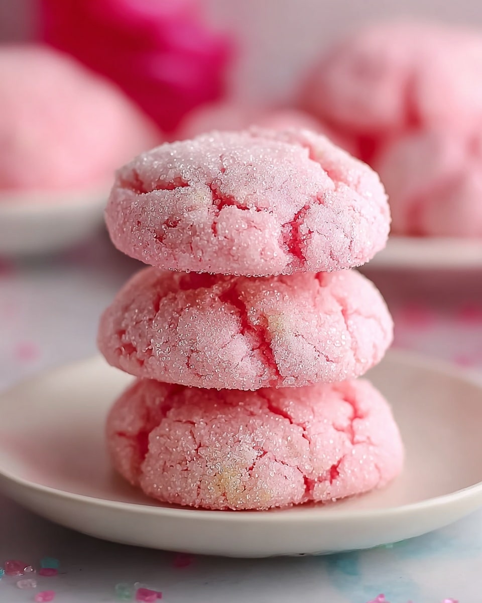 The image shows a stack of three soft pink cookies covered in a layer of fine sugar crystals that give them a slightly rough texture. Each cookie has visible cracks on the surface, highlighting their delicate and crumbly nature. The cookies are placed on a simple white plate that sits on a white marbled texture. The background is softly blurred with more pink cookies visible, adding depth to the photo taken with an iphone --ar 4:5 --v 7