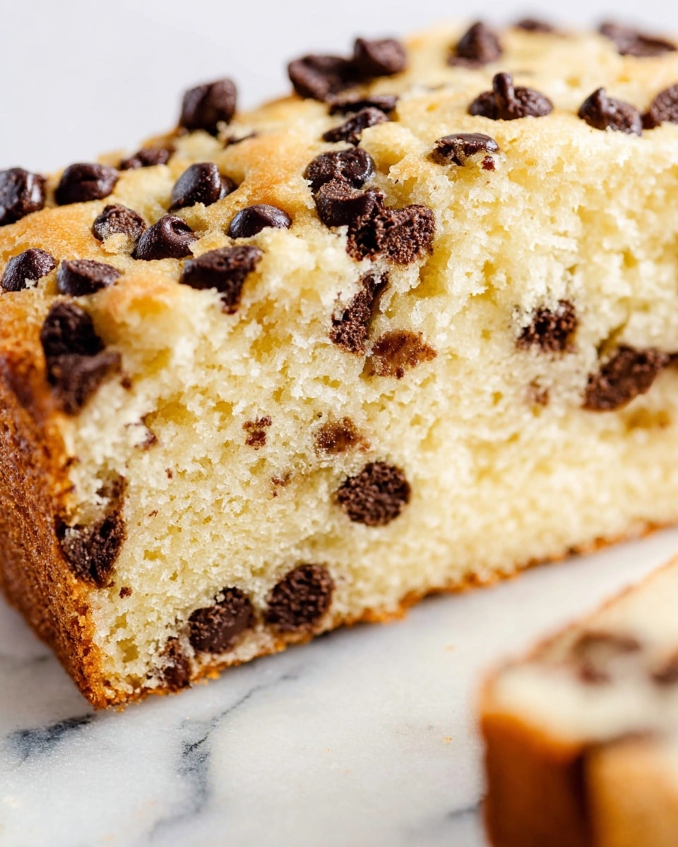 A close-up view of a single thick slice of chocolate chip cake with a light golden brown top layer dotted with semi-melted dark chocolate chips. The soft, moist inside is pale yellow with more chocolate chips scattered evenly throughout. The cake slice rests on a white marbled surface, showing the light crumbly texture inside and a slightly firmer crust around the edges. photo taken with an iphone --ar 4:5 --v 7