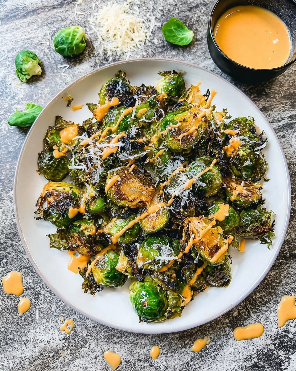 A white plate filled with crispy roasted Brussels sprouts, showing a mix of charred dark green outer leaves and bright green inner parts, topped with a drizzle of creamy orange sauce evenly spread over the sprouts. There are some finely grated white cheese shreds scattered on top adding texture. Around the plate are loose Brussels sprout leaves and grated cheese pieces on a white marbled surface. Nearby, a small black bowl contains more of the same creamy orange sauce. Photo taken with an iphone --ar 4:5 --v 7