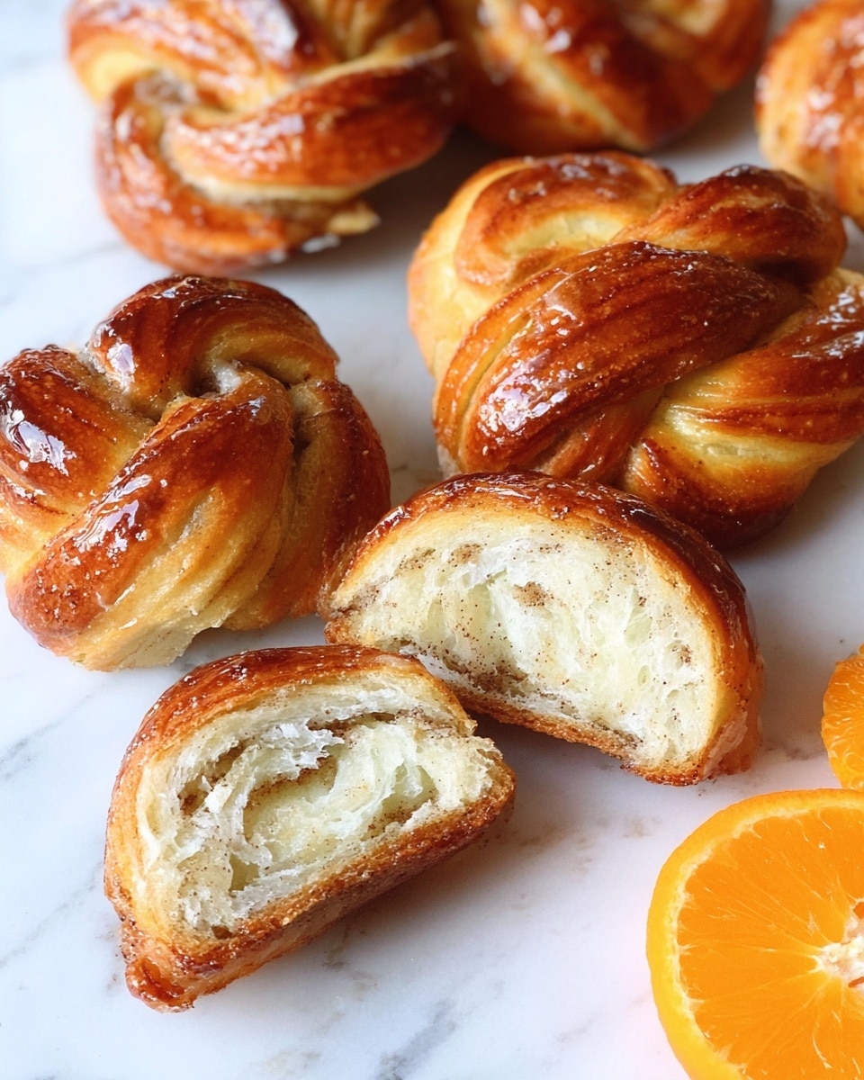 The image shows several cinnamon swirl rolls placed on a white marbled surface with a bright orange cut in half on the side. Each roll has a glossy, golden-brown crust with visible layers of bread twisted into knots. The inside of one roll is split open, showing soft, fluffy, white dough with thin, dark brown swirls of cinnamon filling running through the layers. The rolls look shiny and slightly sticky, likely from a glaze, and the texture appears light and airy. The orange adds a splash of bright color to the warm tones of the pastries. photo taken with an iphone --ar 4:5 --v 7
