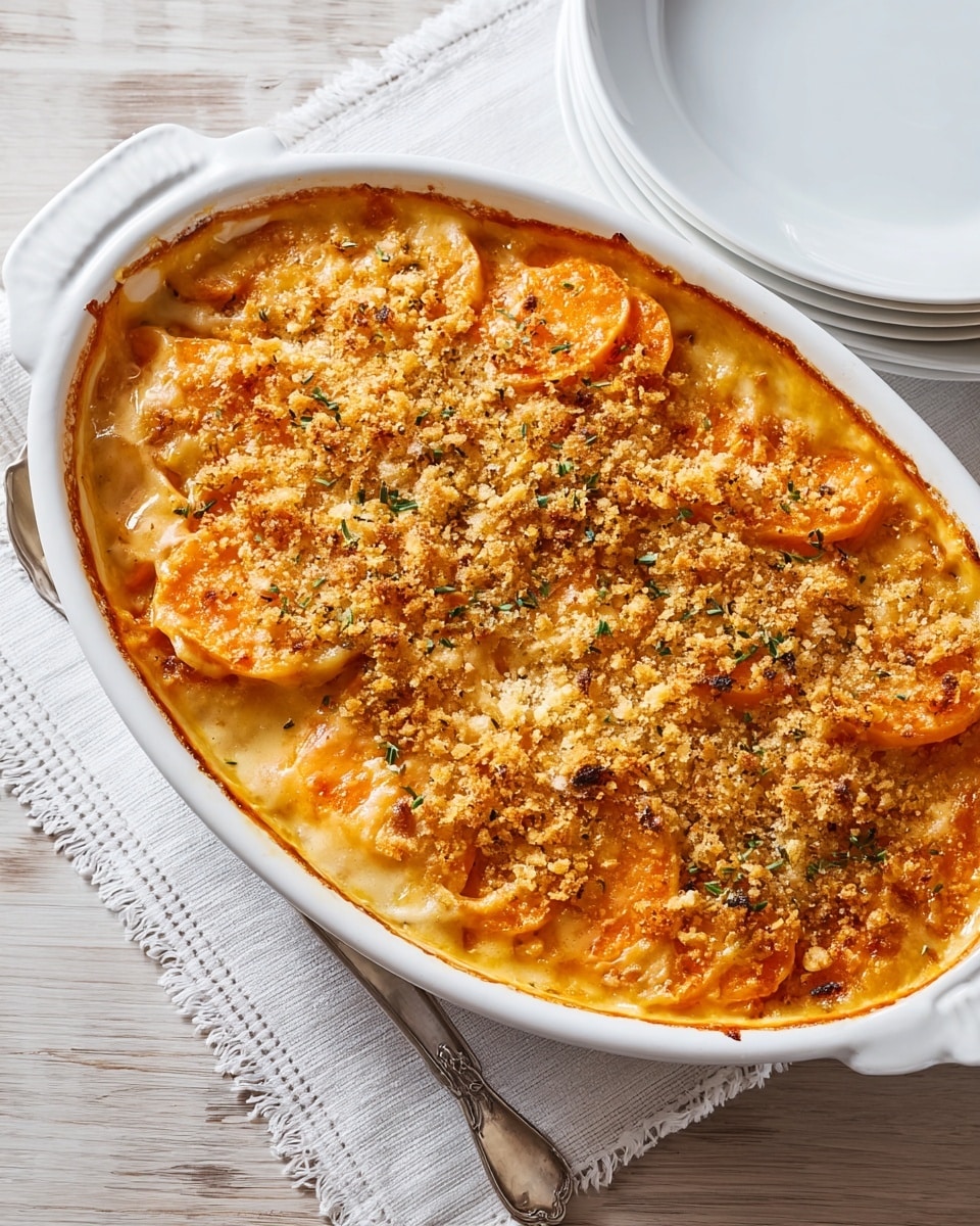 A white oval dish holds a baked pasta casserole with a golden brown top layer made of crispy breadcrumbs and melted cheese, sprinkled with small green herb pieces. Below the top, there is a creamy, light-yellow sauce covering twisted pasta tubes that peek out in orange and light orange shades. The edges of the pasta show some browned and slightly crispy spots. The dish is placed on a folded white and black striped cloth on a white marbled surface. A shiny metal spoon lies next to the dish, and stacked white plates appear on the right side. photo taken with an iphone --ar 4:5 --v 7
