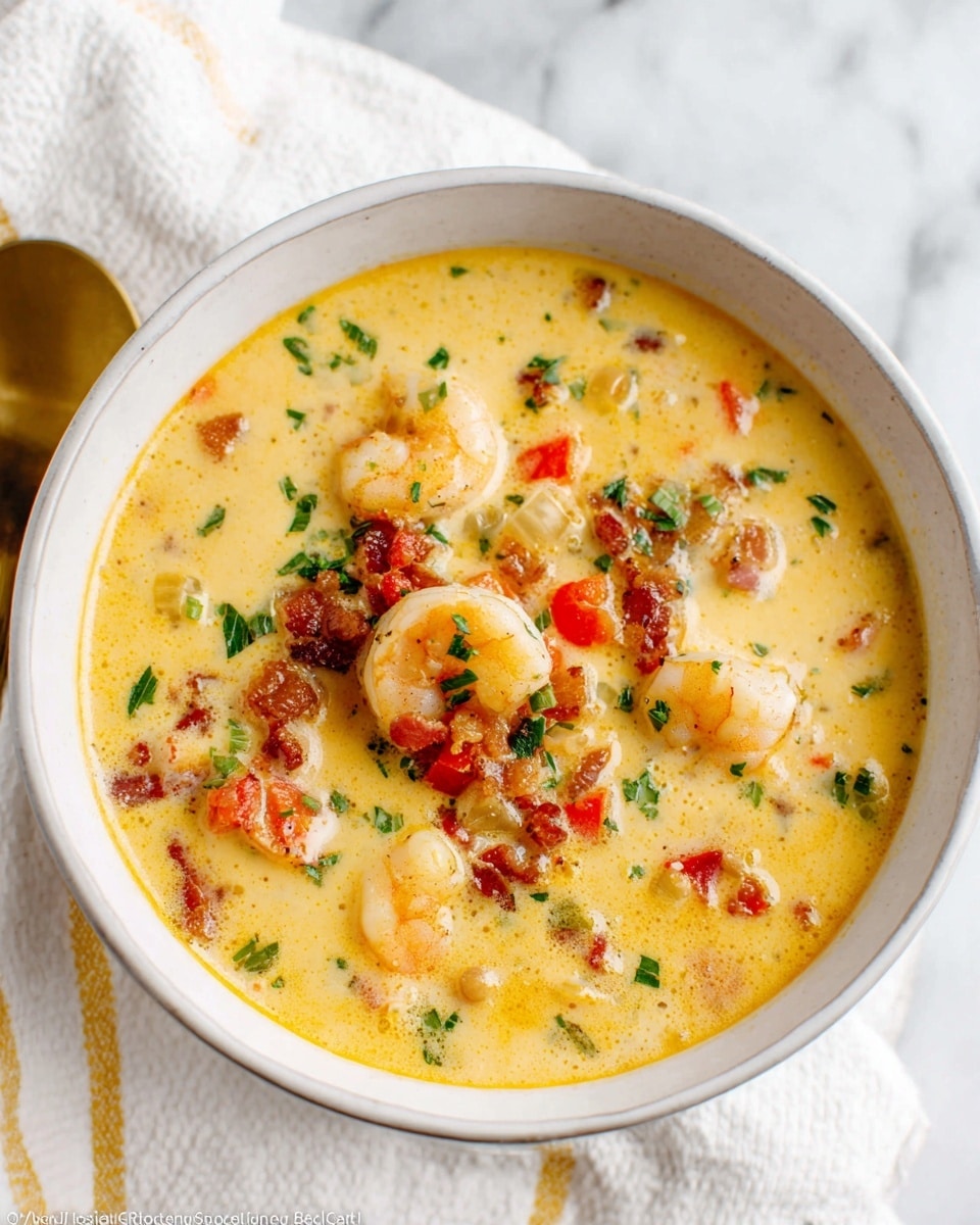 The image shows a bowl with a creamy soup that has a yellow-orange color as the base layer. There are chunks of shrimp with a light pink and white color scattered throughout the soup. Small pieces of red bell pepper and bits of cooked bacon add pops of red and brown colors on the surface. Tiny green herbs are lightly sprinkled on top, adding a touch of freshness. The bowl is white and sits on a white marbled surface next to a folded white cloth with yellow-orange stripes. Photo taken with an iphone --ar 4:5 --v 7