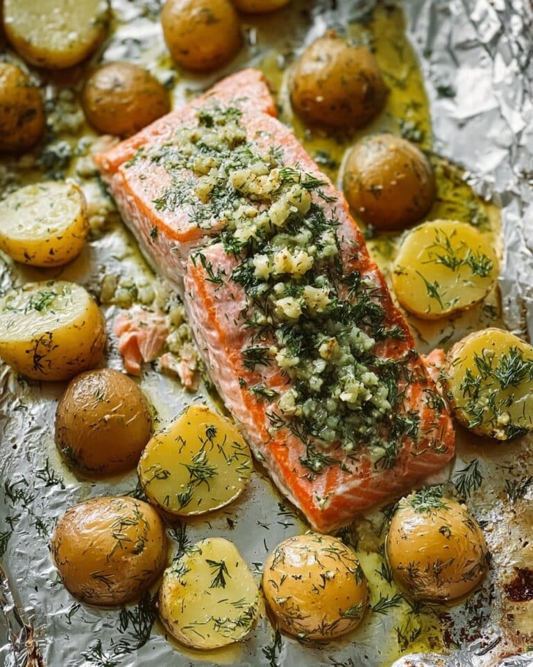 Savory Sheet Pan Salmon with Garlic Dill Potatoes Recipe