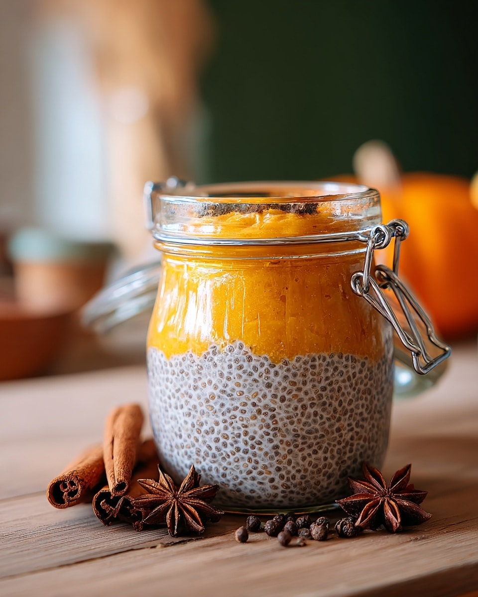 A glass jar filled with two clear layers stands on a wooden table: the bottom layer is light gray with many small chia seeds creating a textured, gel-like look, and the top layer is a thick, bright orange pumpkin mixture with visible small spice bits. Next to the jar on the table are three cinnamon sticks and two star anise pods, adding warm brown tones and texture. The background shows a soft blur of a pumpkin, garlic cloves, and green herb leaves, all set in a cozy kitchen environment. Photo taken with an iphone --ar 4:5 --v 7