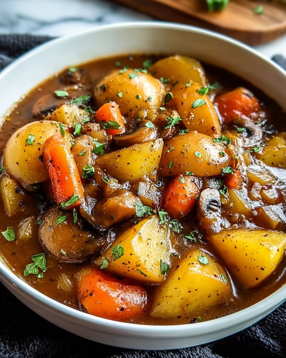 A close-up of a white bowl filled with thick vegetable stew showing chunky pieces of yellow potatoes, orange carrots, and small bits of mushrooms and onions, all coated in a rich brown gravy sprinkled with fresh green herbs on top. The bowl sits on a dark cloth on a white marbled surface, with a wooden board slightly visible in the background. photo taken with an iphone --ar 4:5 --v 7