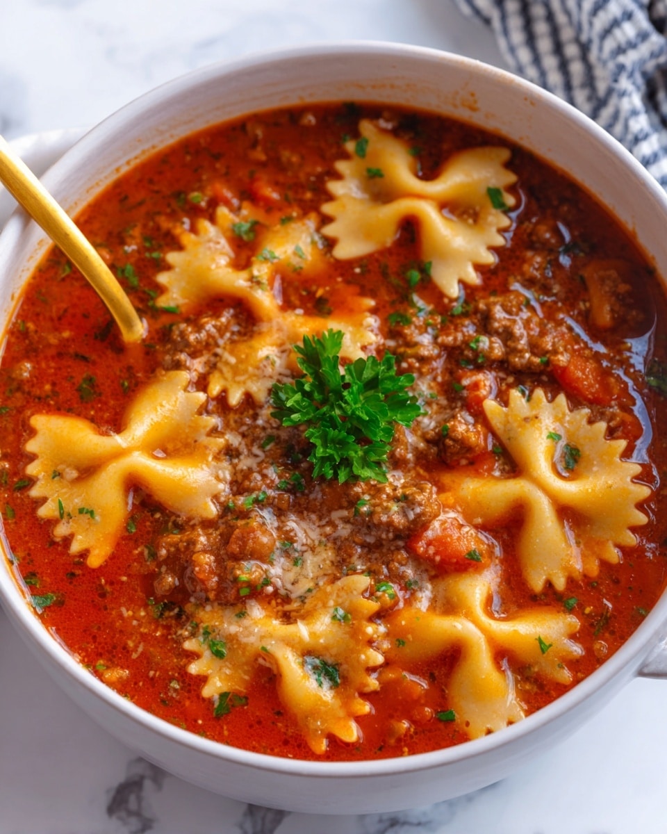 A white bowl filled with tomato-based soup containing large farfalle pasta pieces floating on top, with visible ground meat and small vegetable bits throughout the soup. The pasta is light orange with some texture, and there is a sprinkle of fresh green parsley in the center. A golden spoon rests inside the bowl, touching the soup. The background is a white marbled surface. photo taken with an iphone --ar 4:5 --v 7