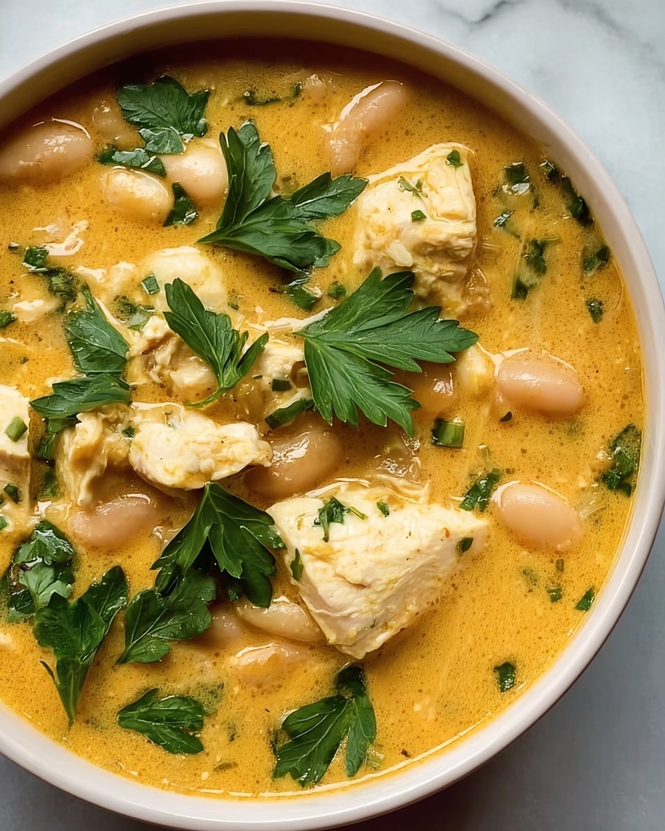 The image shows a close-up of a thick, creamy soup in a white bowl. The soup is a warm golden-yellow color with large, soft chunks of pale chicken scattered throughout. There are light brown beans swimming in the soup, adding texture. Bright green parsley leaves sit on top, some whole and some chopped, giving the dish a fresh look. The bowl rests on a white marbled surface. photo taken with an iphone --ar 4:5 --v 7