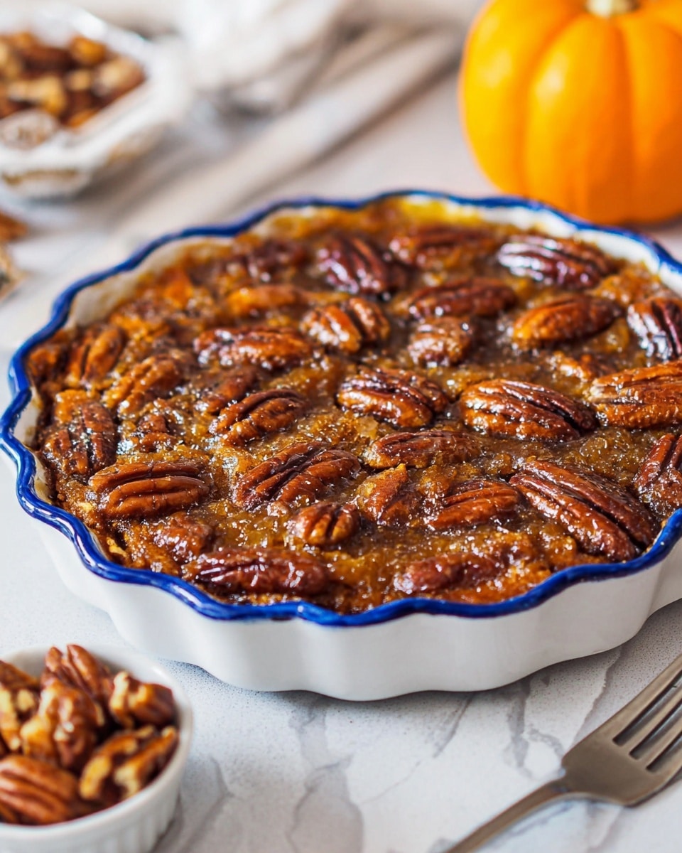 A close-up image of a baked pumpkin bread pudding in a white ceramic dish with a blue rim. The top layer is golden brown bread chunks soaked in a rich, glossy pumpkin custard with a warm orange-brown tone. Scattered on top are whole pecans with a deep brown, slightly shiny texture adding contrast. A white small bowl filled with pecans is placed to the right, and a silver fork lies near the front on a white marbled surface. In the blurred background, a small orange pumpkin is visible, enhancing the autumn feel. Photo taken with an iphone --ar 4:5 --v 7
