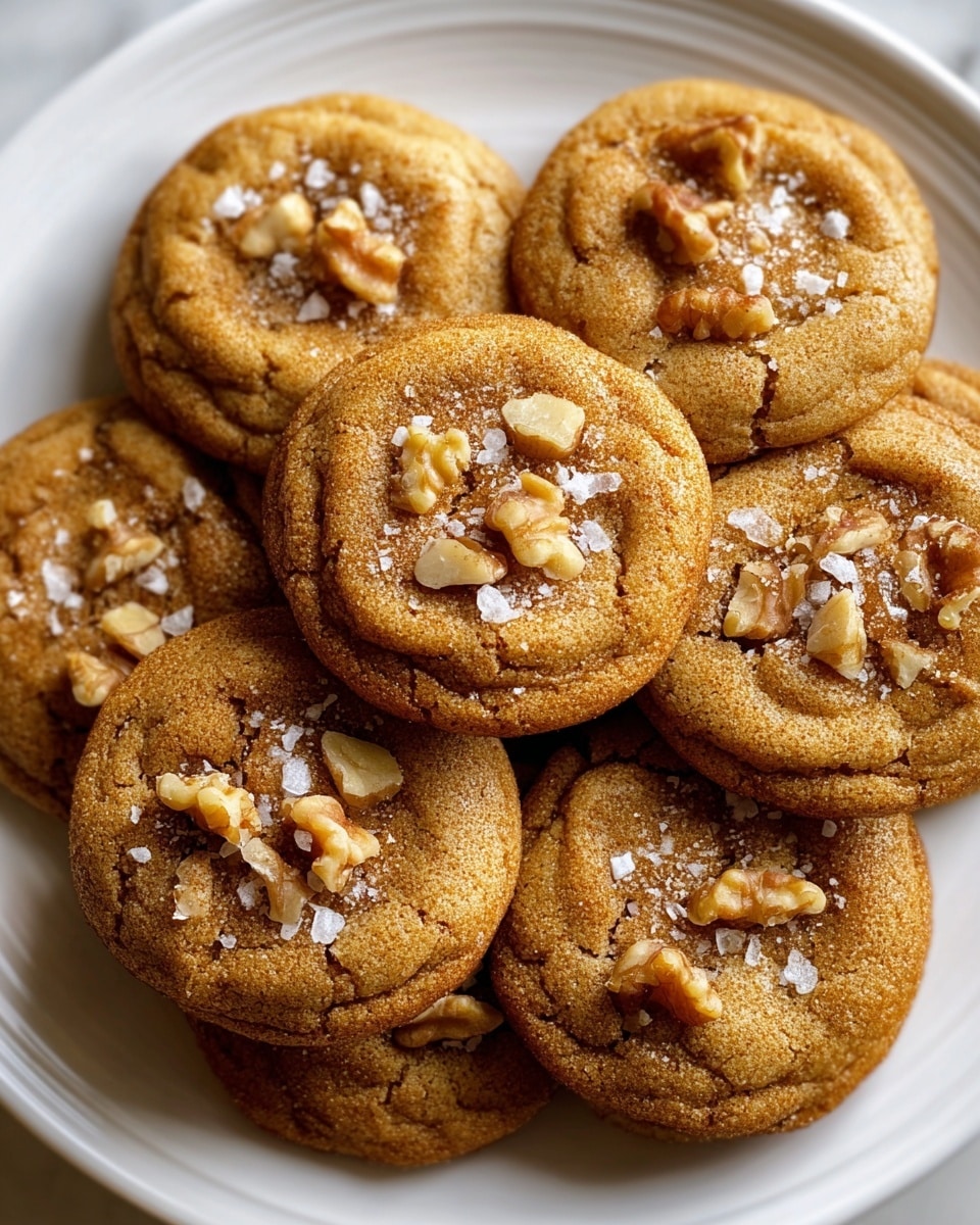 A close-up view of several round, golden-brown cookies stacked closely on a white plate with a soft, slightly wrinkled texture. Each cookie is topped with small clusters of uneven light brown walnut pieces and a generous sprinkling of coarse white salt crystals that contrast with the warm cookie color. The cookies' surface looks slightly cracked and sugar-coated with a subtle sparkle. The background shows a white marbled texture that adds brightness and softness to the overall image. photo taken with an iphone --ar 4:5 --v 7