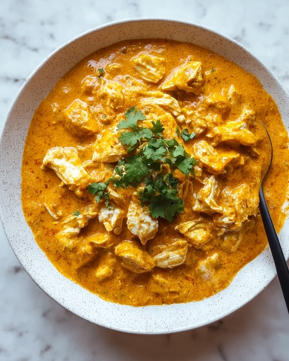 A white speckled shallow bowl filled with a thick, creamy orange curry sauce, generously layered with chunks of white chicken pieces scattered evenly throughout. The sauce looks smooth with visible spices, coating the chicken well. On top, a small garnish of green coriander leaves rests right in the middle, adding a fresh pop of color. The bowl sits on a white marbled surface with a soft natural light highlighting the texture of the sauce and chicken. A black spoon peeks out from the right side of the bowl. photo taken with an iphone --ar 4:5 --v 7