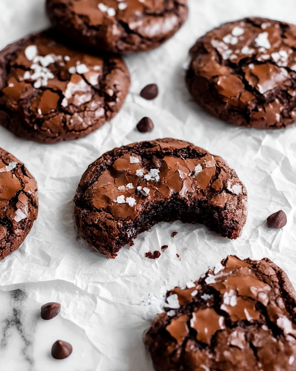 A group of five round chocolate cookies with cracked, shiny tops sits on white crumpled parchment paper over a white marbled surface. The front center cookie has a bite taken from it, showing a moist, dark chocolate inside, with a few crumbs nearby. Each cookie has a rough texture, darker edges, and some flaky salt crystals scattered on top for contrast. Small chocolate chips are spread on and around the cookies. photo taken with an iphone --ar 4:5 --v 7
