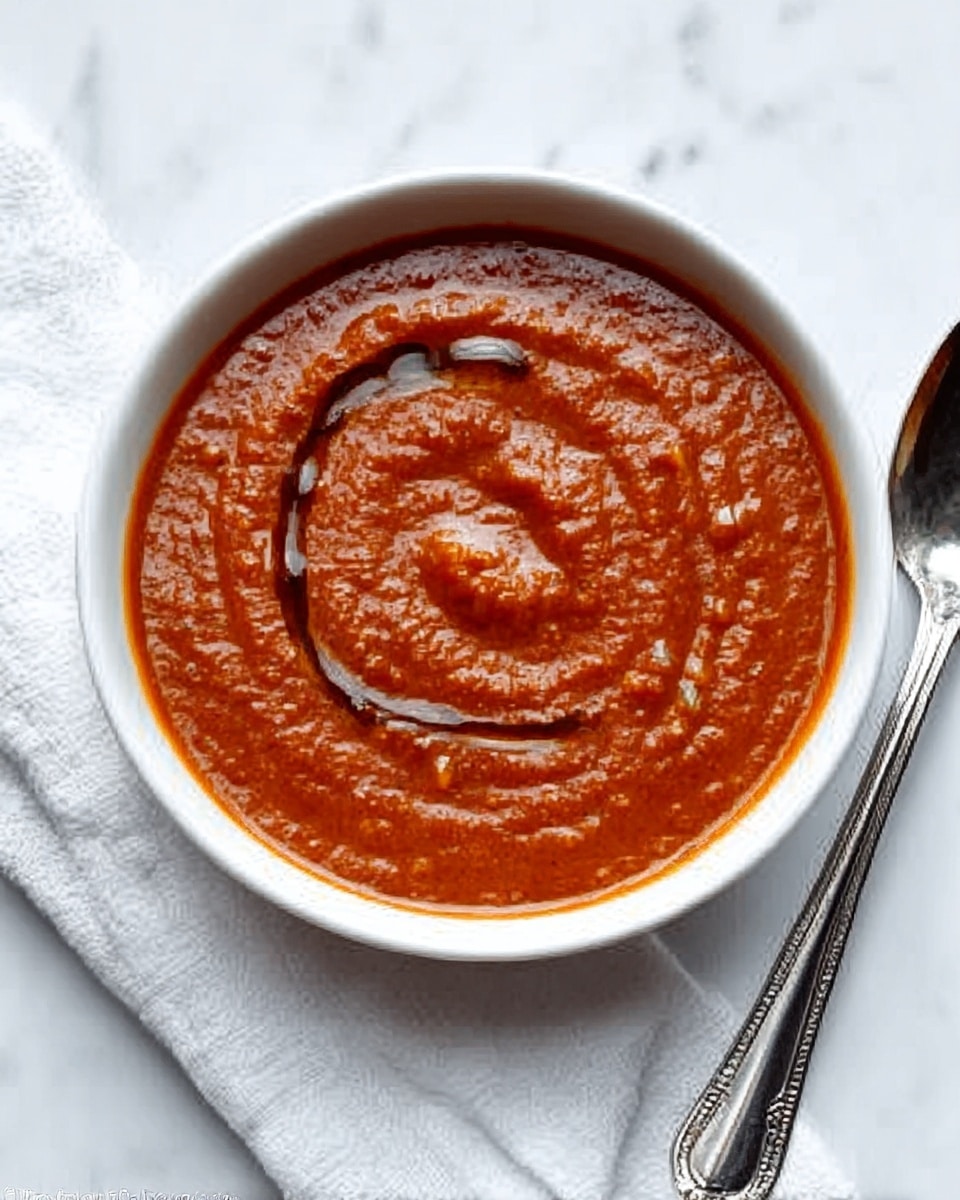 A close-up view of a bowl filled with thick, reddish-brown sauce with a slightly chunky texture, showing tiny bits throughout. The sauce has a smooth swirl pattern on top with a drizzle of darker oil or sauce in a spiral shape. The bowl is white and placed on a white marbled surface next to a shiny spoon with a detailed handle resting on a white cloth. The photo taken with an iphone --ar 4:5 --v 7