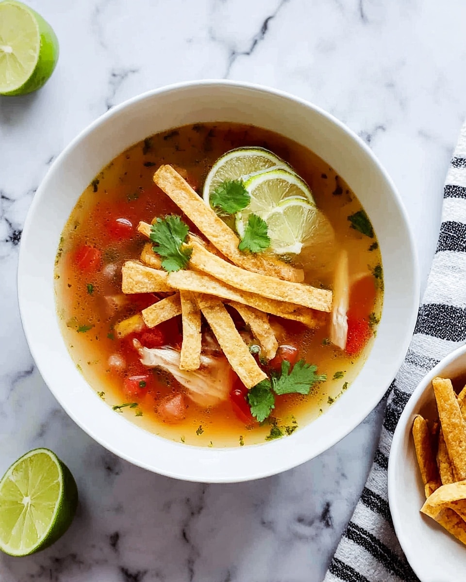 A white bowl filled with a clear broth base that has small chunks of red tomatoes and bits of cilantro scattered throughout. On top of the broth, there are several strips of golden-brown fried tortilla chips arranged in a small pile. Two thin slices of lemon sit on the chips, garnished with a few cilantro leaves. The bowl is placed on a white marbled surface. A half lime is visible near the bowl and a white bowl with more tortilla strips is partially seen on the right side of the image. A folded white and black striped cloth is next to the bowl. Photo taken with an iphone --ar 4:5 --v 7