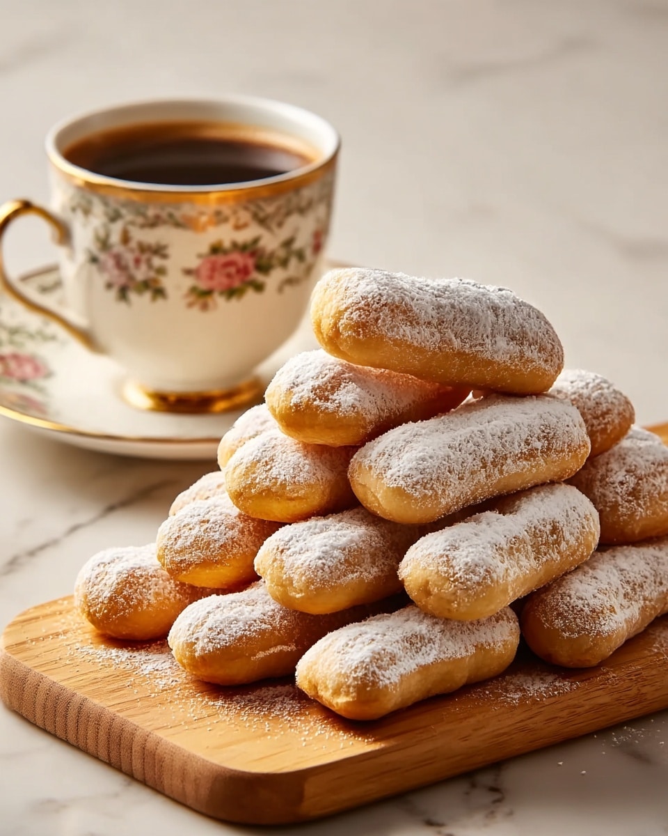 A stack of about twelve light golden brown finger-shaped pastries dusted generously with white powdered sugar, arranged in a rough pyramid on a light wooden cutting board, with some powdered sugar scattered around the base. In the background to the right, there is a white teacup with a floral red and green pattern and a matching saucer filled with dark coffee, all placed on a white marbled surface. The lighting is warm and soft, giving a cozy feel to the scene. photo taken with an iphone --ar 4:5 --v 7