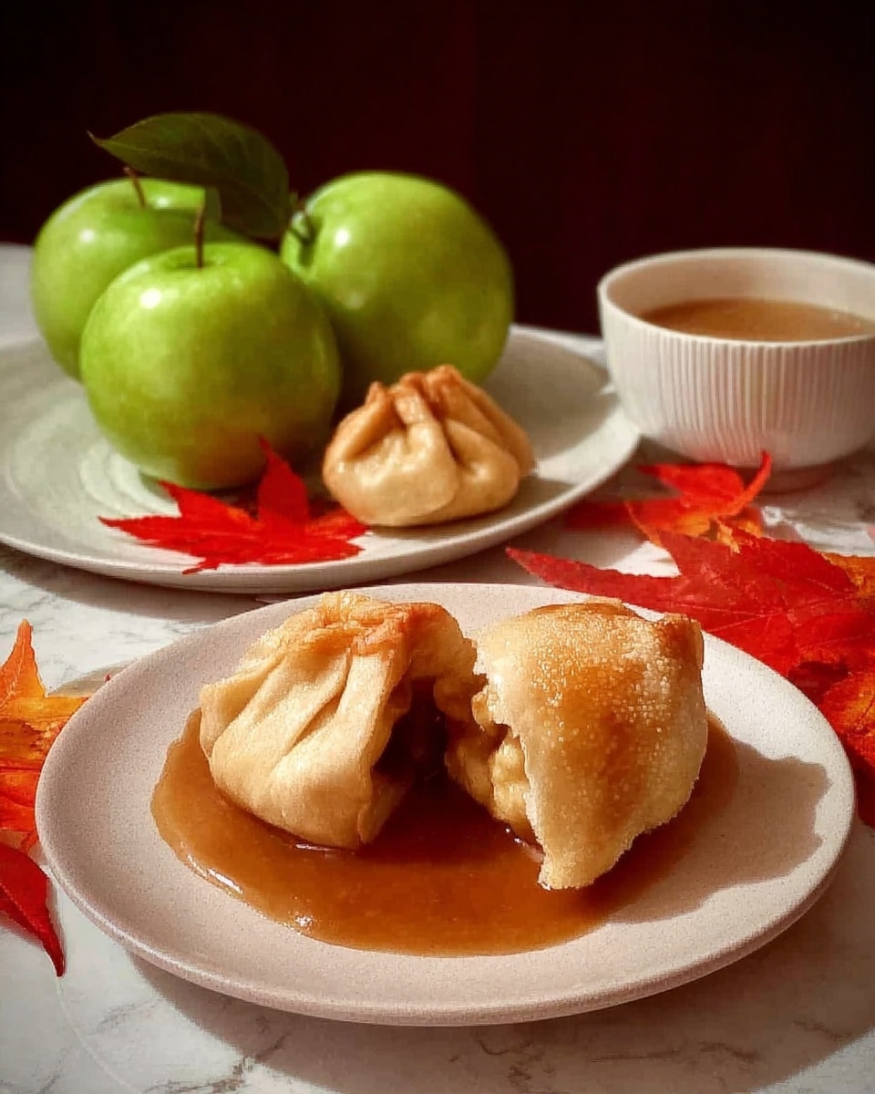 The image shows two small dumplings wrapped in light golden-brown dough with soft folds, one of which is cut open to reveal a dark brown filling inside, placed on a white plate with a smooth surface; a warm brown sauce with a glossy texture covers the dumplings and pools on the plate. Behind this plate, on a white plate, are two similar dumplings, whole and untouched, beside small bright red leaves for decoration. In the background, there are three shiny green apples with smooth skins, and a white ramekin filled with light brown sauce or syrup sits to the right. The items rest on a white marbled textured surface with soft lighting that brings out warm tones and glossy highlights on the sauce and apples. photo taken with an iphone --ar 4:5 --v 7