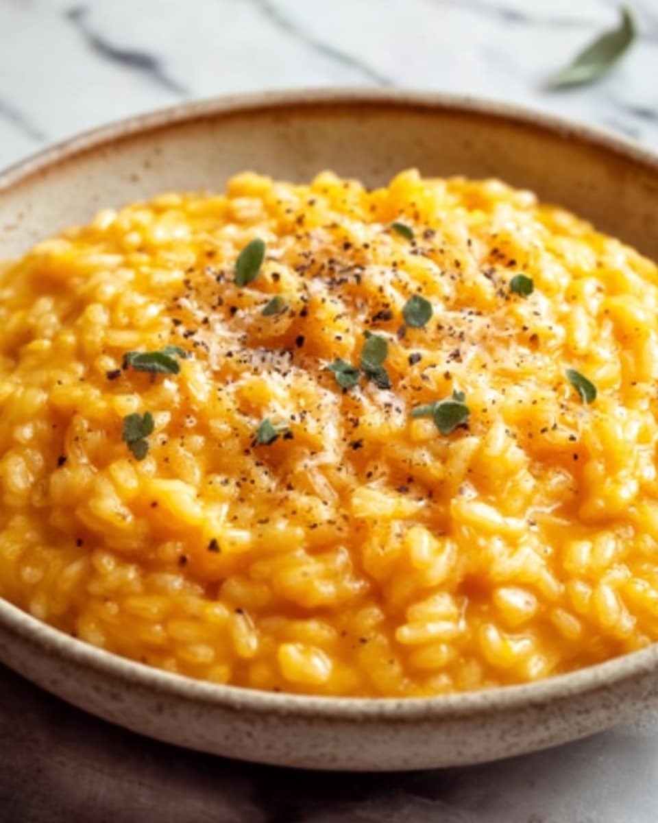 A brown bowl filled with creamy, orange risotto that looks soft and smooth. The risotto has small bits mixed in, with a sprinkle of black pepper and green herbs on top. The surface is slightly shiny, showing the moisture and creaminess of the dish. The bowl sits on a white marbled surface. photo taken with an iphone --ar 4:5 --v 7