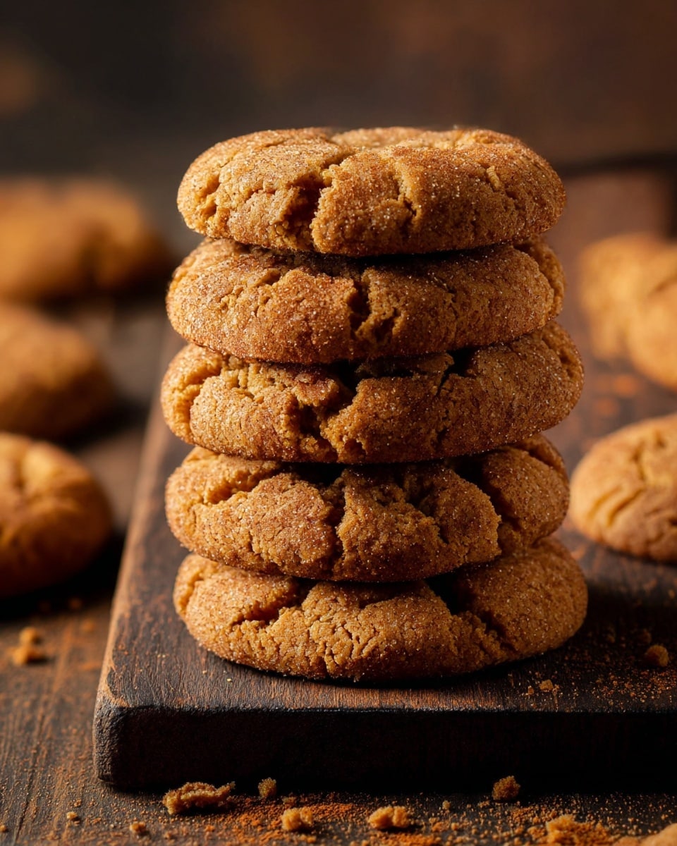 A stack of five thick, soft ginger snap cookies with a cracked texture and a warm brown color sits on a dark wooden board. The cookies show a slightly rough surface with a dusting of cinnamon or spice on top, adding depth with a darker brown shade. In the background, there are a few more cookies blurred out, all resting on the same wooden surface, with visible crumbs scattered around the base of the stack. The overall scene has warm lighting highlighting the cookies' chewy texture. Photo taken with an iphone --ar 4:5 --v 7