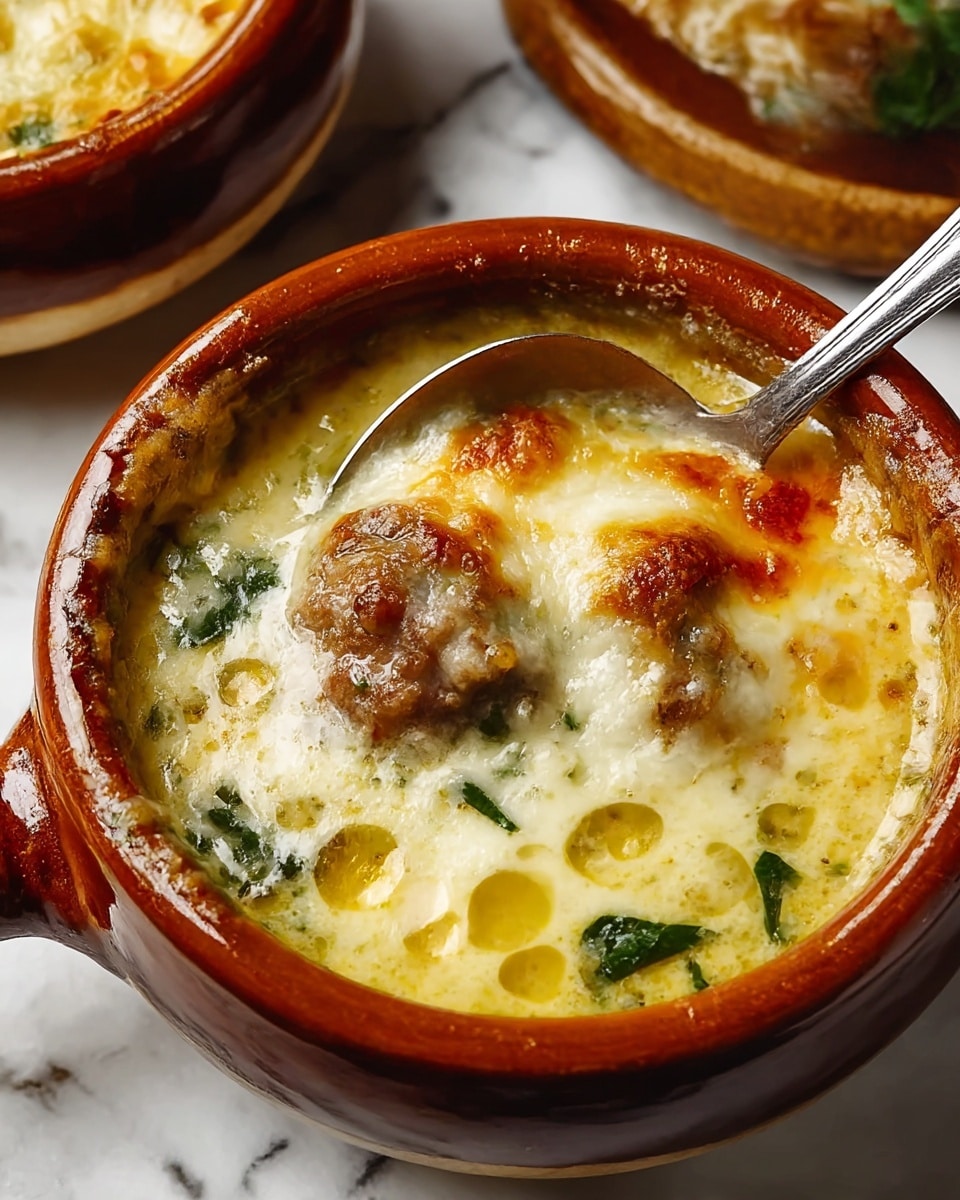 A close-up of a brown ceramic bowl filled with creamy soup, showing a golden-brown melted cheese layer partially covering a thick, chunky meatball in the center. The soup has a pale yellow, rich broth mixed with small green leafy herbs scattered throughout. Tiny oil droplets float on the surface, adding a glossy shine, and a silver spoon is dipped into the soup at the back of the bowl. The bowl sits on a white marbled textured surface with a green chili pepper faintly visible in the blurred background. Photo taken with an iphone --ar 4:5 --v 7