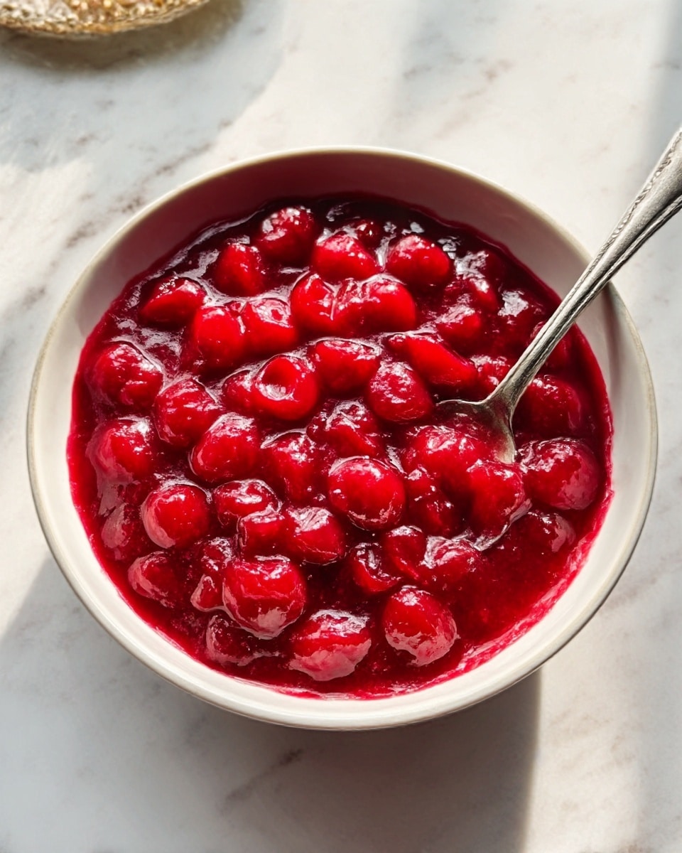 A white bowl filled with a thick, bright red cherry sauce that has whole cherries visible throughout. The sauce is shiny and looks slightly chunky with some syrup pooling around the cherries. A silver spoon rests inside the bowl, its handle leaning outwards. The bowl is placed on a soft beige cloth on a white marbled surface with faint textural veins. Photo taken with an iphone --ar 4:5 --v 7