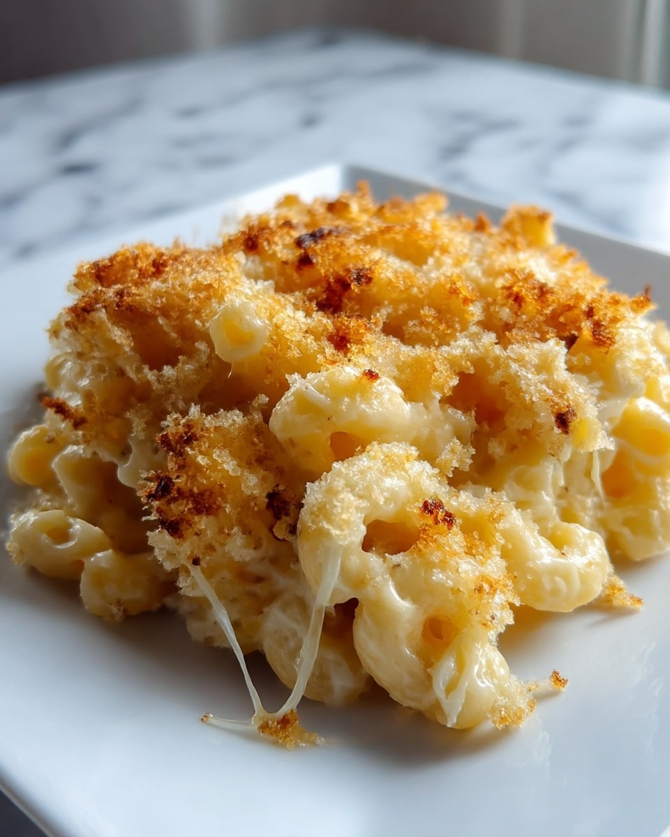 A close-up of a single, square layer of macaroni and cheese served on a white plate, showing creamy, melted cheese covering the macaroni pasta underneath, with a golden brown, crispy breadcrumb topping that is slightly uneven and crunchy in texture. The pasta is pale yellow, soft, and gooey with some cheese strings visible beneath the crumbly browned crust, all set on a white marbled textured surface in soft natural light. photo taken with an iphone --ar 4:5 --v 7