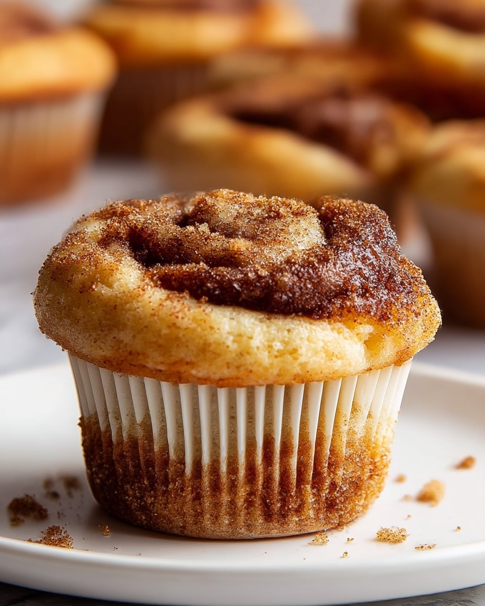 A close-up image of a cinnamon roll muffin on a white plate with a white marbled surface background. The muffin has one main thick layer of golden-brown baked dough with a swirl of dark brown cinnamon filling on top, sprinkled with cinnamon powder and small crumbs. The bottom part shows a slightly darker texture, indicating baked cinnamon mixture seeping through the white muffin liner with vertical ridges. Other muffins blurred in the background give a warm, fresh-baked look. Photo taken with an iphone --ar 4:5 --v 7