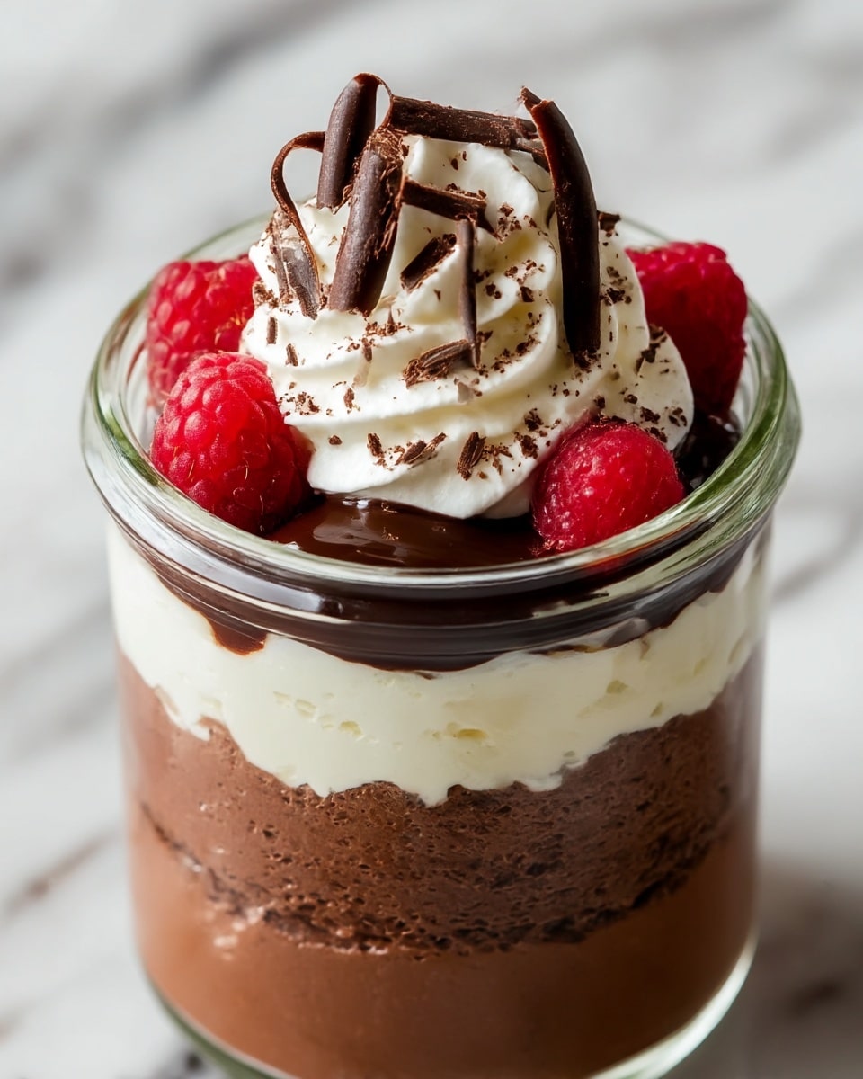 A clear glass jar holds a layered dessert with five visible layers. The bottom layer is a dark brown, fluffy chocolate mousse. Above it is a smooth, white cream layer with a soft texture. Next is another thick layer of the dark brown chocolate mousse, followed by a glossy, dark chocolate sauce dripping slightly down the sides. On top is a swirl of white whipped cream, sprinkled with small dark chocolate curls. Three bright red raspberries decorate the top, placed evenly around the whipped cream. The background is a white marbled texture. Photo taken with an iphone --ar 4:5 --v 7