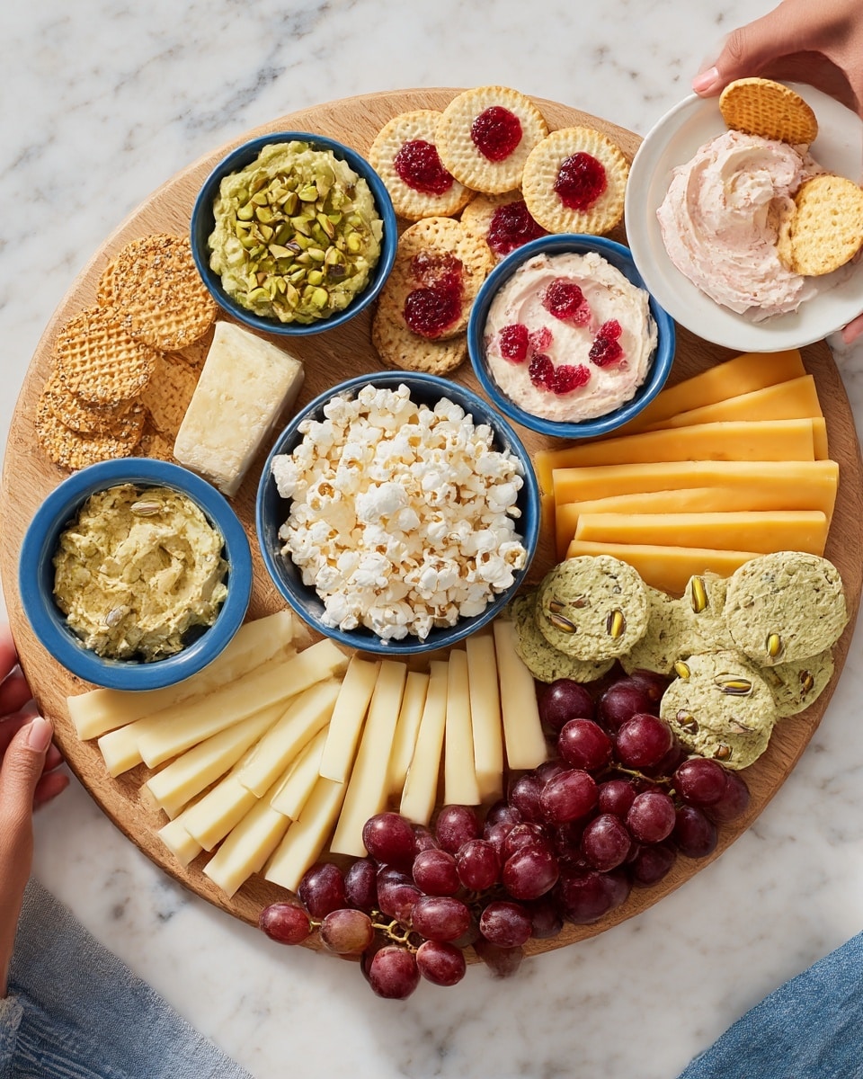 A round wooden board is filled with different snacks arranged in neat sections. In the center, there is a beige bowl full of white and light golden popcorn. Around the bowl, starting from the top left, there are small round cookies with red jam in the center and powdered sugar on top, stacked in two layers. Next to them on the right, two small blue bowls hold dips: one greenish with pistachios on top and the other white with red bits mixed in. Below the cookies and dips, there are two rows of cheese slices, alternating white and orange-yellow, layered neatly. To the bottom left, pale yellow waffle crackers form a small pyramid with red grapes filling the spaces between them. There are also clusters of white cheese slices and slightly curved sesame-covered snacks near the bottom right. Some plain round cookies sprinkled with crushed pistachios are placed close to the dips and cheese. A woman's hand picks up a waffle cracker topped with white cheese slices on the right, while another woman's hand holds a white plate with some cheese, grapes, and crackers on the bottom left. The whole setup is on a white marbled surface, with a blue cloth napkin near the top left and bottom right edges. photo taken with an iphone --ar 4:5 --v 7