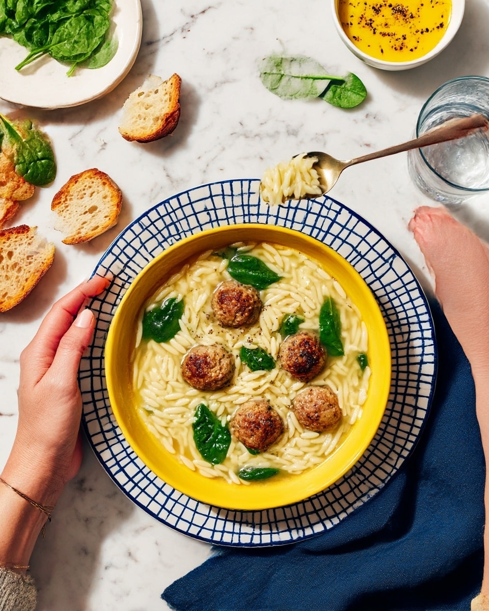 A bowl of clear broth soup with pale yellow orzo pasta, light brown browned meatballs, and bright green spinach leaves is shown. The bowl is yellow with a textured circular pattern and is placed on a larger white plate featuring a blue grid design. A woman's hand holds the bowl on the left side, while the other woman's hand on the right side holds a spoon with orzo pasta on it. In the background on the white marbled texture surface, there are some fresh spinach leaves on a white plate, a small white bowl of yellow soup with black pepper on top, and several slices of toasted bread. A dark blue cloth napkin is partly visible beneath the bowl. Photo taken with an iphone --ar 4:5 --v 7