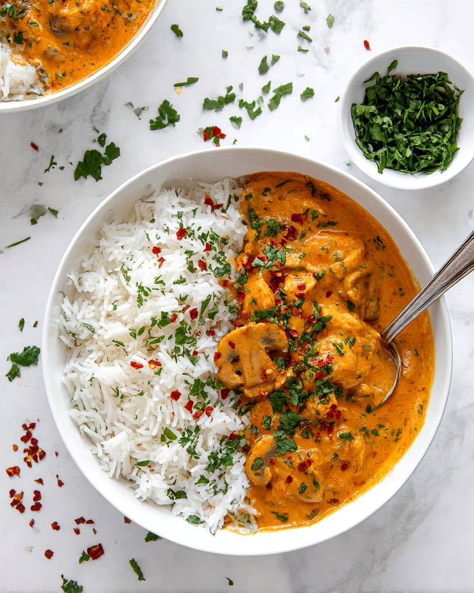 A white bowl filled halfway with fluffy white rice, showing visible separated grains sprinkled lightly with small bits of green herbs and red chili flakes, with the other half covered by a thick, creamy orange-brown curry containing chunks of tender chicken pieces. The curry is topped with fresh green cilantro leaves and more red chili flakes for texture. A silver spoon rests inside the bowl on the rice side, and the bowl is set on a white marbled surface scattered with bits of green herbs and chili flakes. Photo taken with an iphone --ar 4:5 --v 7