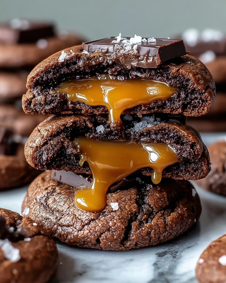 A stack of three thick, soft chocolate cookies is shown on a white marbled surface, each cookie broken in half to reveal a rich, glossy golden caramel layer oozing out from the center. The dark brown cookie dough has a slightly cracked top texture, with the caramel filling looking smooth and gooey, contrasting vividly with the deep chocolate. Around the stack, there are more whole chocolate cookies, some topped with shiny dark chocolate and sprinkled with coarse salt crystals. photo taken with an iphone --ar 4:5 --v 7