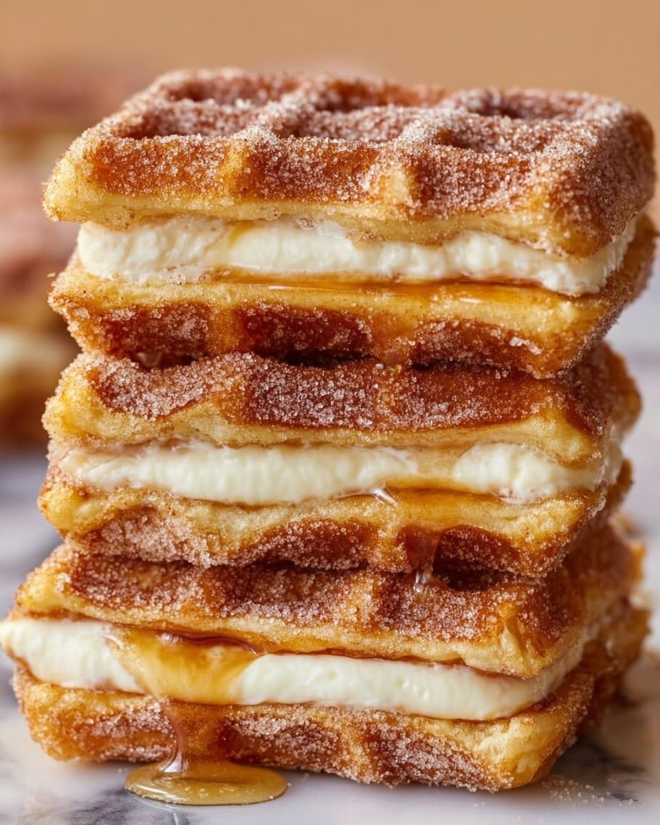 The image shows a close-up of three stacked square waffles, each with a thick layer of white cream cheese filling in the middle. The waffles have a golden-brown color with a crispy texture coated with a layer of cinnamon sugar. Drizzles of golden syrup run through the cream cheese filling and slightly drip down the sides. The waffles appear soft inside but crunchy outside, and the stack is placed against a soft, slightly blurred background with a white marbled surface underneath. photo taken with an iphone --ar 4:5 --v 7