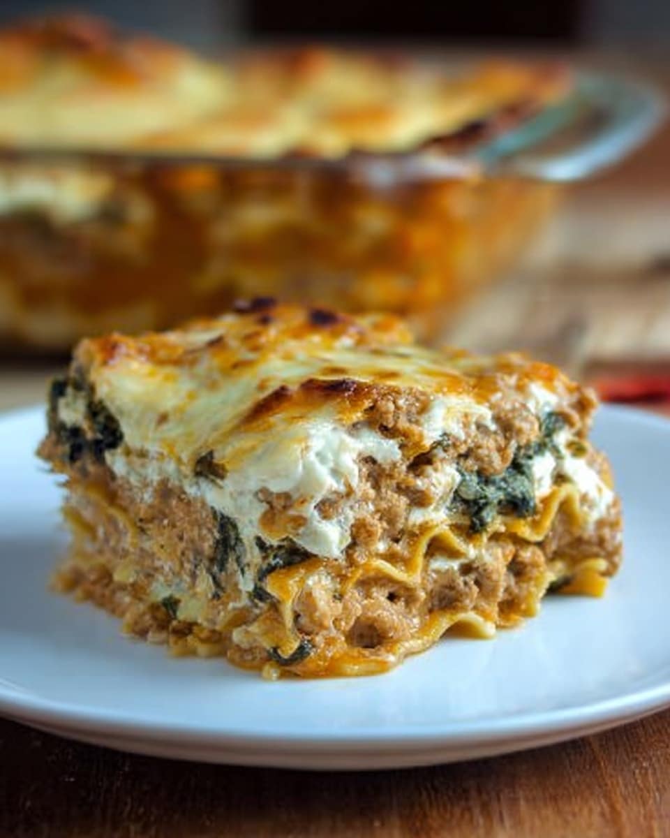 A single square slice of lasagna is placed on a white plate, showing four visible layers: the bottom layer is a thick pale yellow noodle, above it is a beige ground meat mixture, followed by a white creamy cheese layer with spots of dark green spinach, and topped with a golden brown melted cheese crust with bubbly texture. In the background, a larger dish with the remaining lasagna shows the same creamy, cheese-covered top on a wooden table set against a blurred dark backdrop. photo taken with an iphone --ar 4:5 --v 7