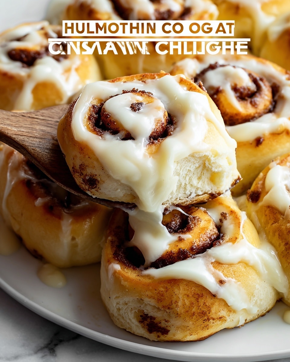 A close-up view shows a single cinnamon roll being lifted by a wooden spatula from a round white dish filled with several cinnamon rolls. The cinnamon roll has three visible spiral layers: a golden-brown dough layer, a dark brown cinnamon sugar layer inside the swirl, and a thick, creamy white cottage cheese glaze covering the top and dripping down the sides. The texture of the dough looks soft and fluffy, contrasting with the gooey glaze. The background is a white marbled surface. photo taken with an iphone --ar 4:5 --v 7