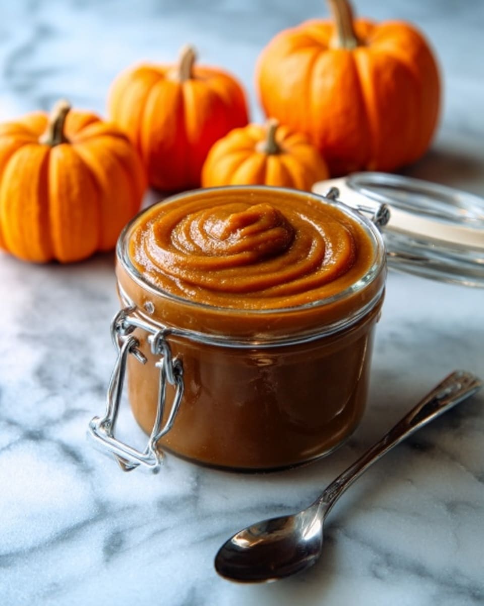 A clear glass jar filled with smooth, thick, orange-brown pumpkin puree sits on a white marbled surface, surrounded by three small bright orange pumpkins in the background. The jar is open with the metal clasp lifted, showing the swirled texture of the puree inside. A silver spoon lies next to the jar, adding a simple touch to the scene. The photo is softly lit with natural light. photo taken with an iphone --ar 4:5 --v 7