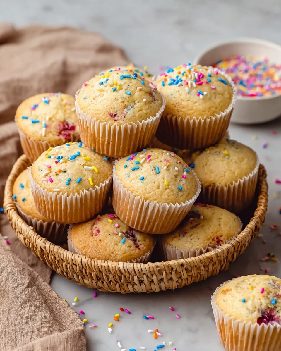 A pile of ten light golden brown cupcakes with slightly cracked tops is placed in a round woven basket. Each cupcake is in a white paper liner and has colorful sprinkles scattered on top including blue, pink, yellow, and white. Some cupcakes show hints of red or purple berry bits baked inside. A small white bowl with more colorful sprinkles is blurred in the background, sitting on a white marbled surface. The overall look is warm and cozy with a rustic touch. photo taken with an iphone --ar 4:5 --v 7