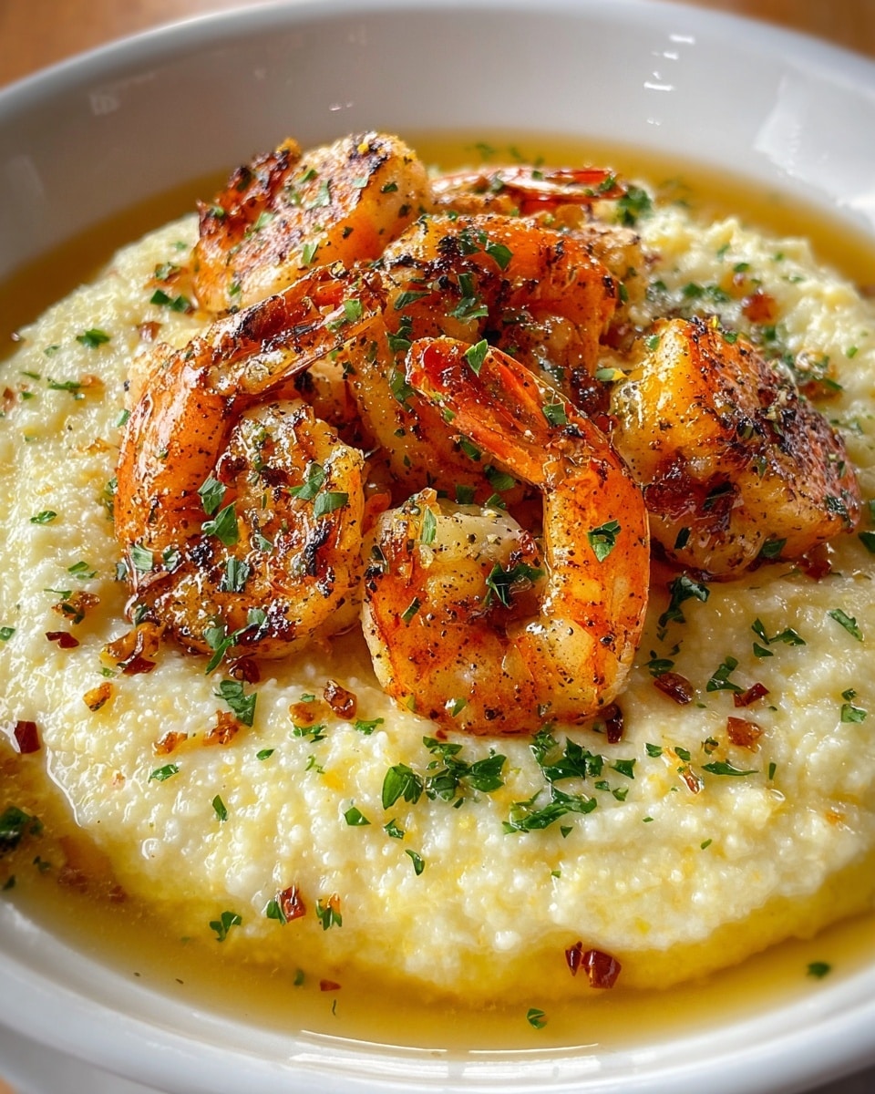 The image shows a white bowl filled with two main layers: the bottom layer is creamy mashed potatoes with a smooth, slightly lumpy texture, and the top layer features six grilled shrimp with a golden orange color, blackened seasoning, and char marks. The shrimp are arranged in a clustered pile in the center, some with curled tails visible. Small green parsley leaves and bits of red seasoning are sprinkled over both the shrimp and mashed potatoes, adding vibrant color contrast. A light sauce surrounds the mashed potatoes, pooling at the edges of the bowl. photo taken with an iphone --ar 4:5 --v 7