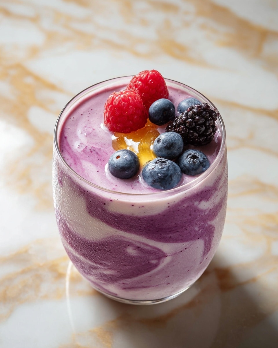 A clear glass filled with a creamy light purple smoothie swirled with deeper purple streaks inside, showing a smooth, thick texture. On top, there are five fresh berries: two bright red raspberries, two deep blue blueberries, and one large shiny black blackberry, all resting near the edge. Near the berries is a small pool of light golden honey adding a shiny, sticky layer. The glass shows tiny water droplets on the outside, suggesting it is cold. The background is a white marbled surface with subtle gray and gold veins, softly blurred. photo taken with an iphone --ar 4:5 --v 7