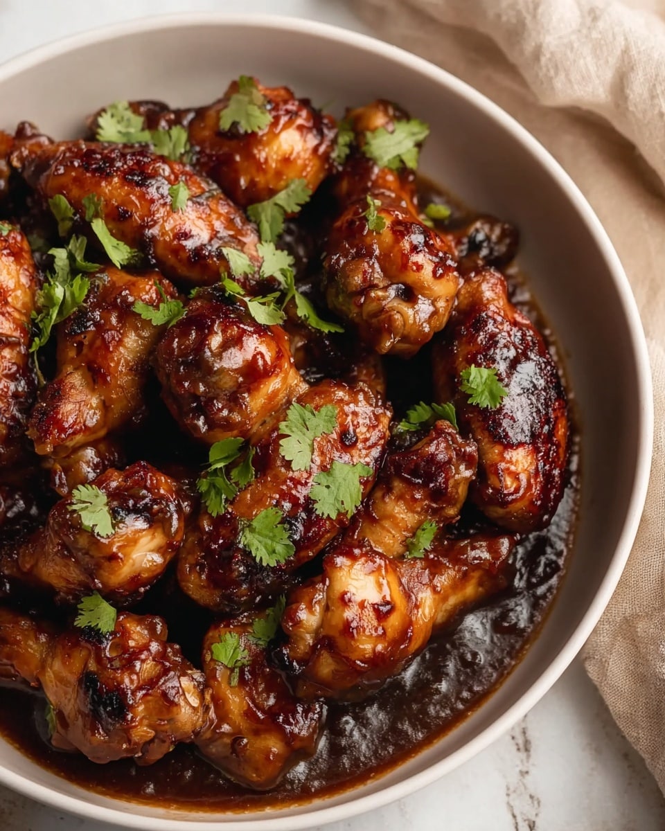 A close-up view of about a dozen pieces of cooked chicken wings in a round white bowl, each wing coated with glossy dark brown sauce and some having slightly charred spots. The wings sit in a layer of thick brown sauce covering the bottom of the bowl, with small fresh green cilantro leaves scattered on top for garnish. The bowl is placed on a white marbled surface, and a beige cloth is partially visible. photo taken with an iphone --ar 4:5 --v 7